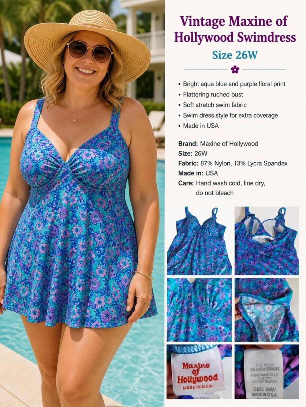 Maxine of Hollywood Blue Green‎ Purple Pink Floral Swimsuit with side splits